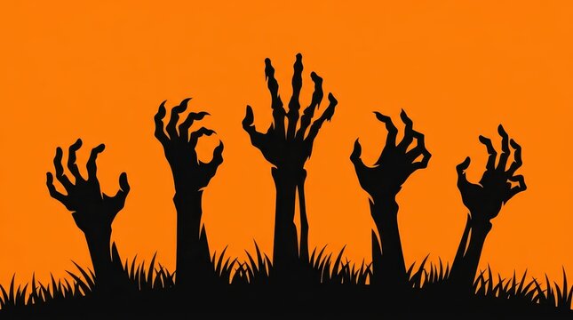Zombie hands rising from the ground, spooky Halloween silhouette illustration, terrifying undead theme for seasonal party invitations and horror themed graphic decorations