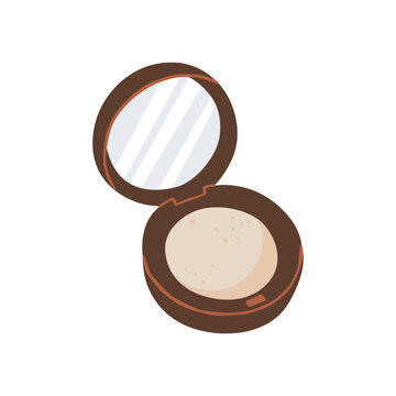 Cosmetic compact with mirror and pressed powder. Hand drawn makeup foundation isolated on white background. Beauty item for makeup, skincare, branding, and packaging. Flat vector illustration.
