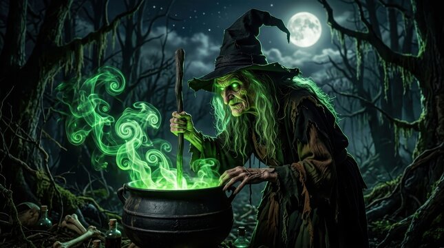 Spooky Magic Ritual. Old witch stirring a glowing green potion in a cauldron, Halloween night in a dark haunted forest, fantasy horror scene for festive decorations