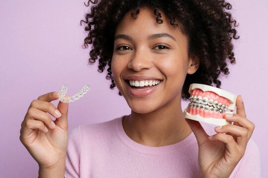 Happy woman holds orthodontic dental models. One shows metal braces, other has clear aligners for teeth straightening. Comparison of dental correction methods.