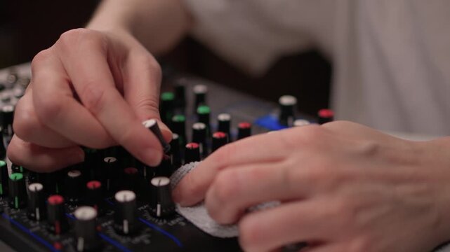 Stage operator preparing gear carefully. Close view of technician sanitizing sound mixer. Technician swiftly disinfects and sets up audio controls for upcoming performance