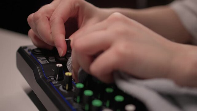 Stage operator preparing gear carefully. Close view of technician sanitizing sound mixer. Technician swiftly disinfects and sets up audio controls for upcoming performance