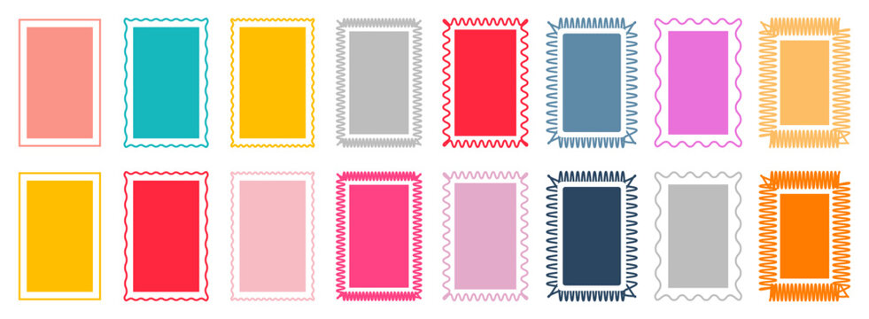 Assorted colorful rectangular frames with various decorative borders isolated on transparent background