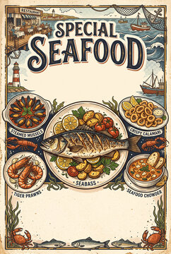 Retro Vintage style seafood restaurant menu flyer poster template with grilled seabass steamed mussels tiger prawns, calamari with nautical lighthouse and fishing boat ocean background with copyspace