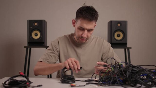 Focus on meticulous cable management in recording studio environment. Detailed image of audio technician systematically coiling cables with monitor speakers in backdrop