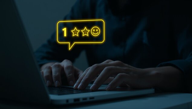 Negative customer feedback concept. Woman selecting low star rating on laptop with sad emojis, bad review comments, dissatisfaction survey, poor service evaluation, complaint response, user experience