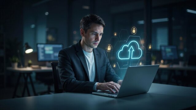 Professional software developer working on cloud security protocols using a laptop while sitting inside a dark office during the night