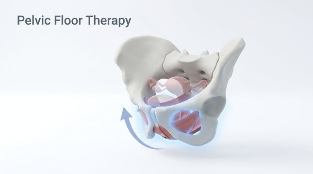 Pelvic floor therapy medical illustration showing skeletal pelvic model with muscular support for physical rehabilitation and women health treatment