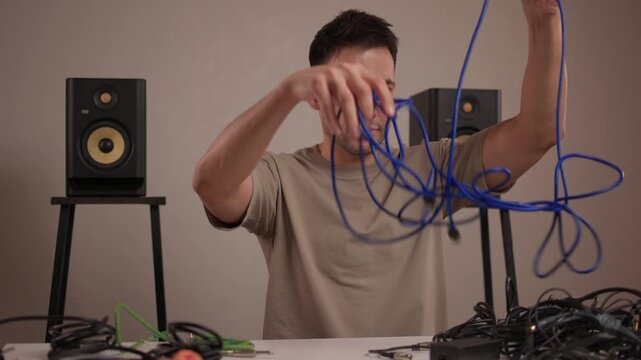 Focus on meticulous cable management in recording studio environment. Detailed image of audio technician systematically coiling cables with monitor speakers in backdrop