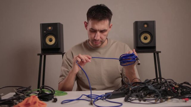 Focus on meticulous cable management in recording studio environment. Detailed image of audio technician systematically coiling cables with monitor speakers in backdrop