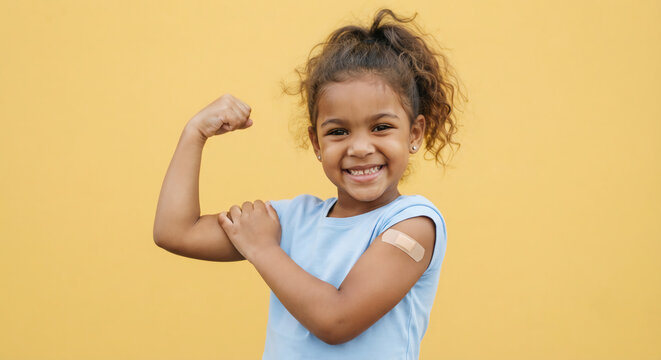 A smiling young girl flexes her bicep, showing a bandage on her arm after receiving a vaccination against a yellow background.