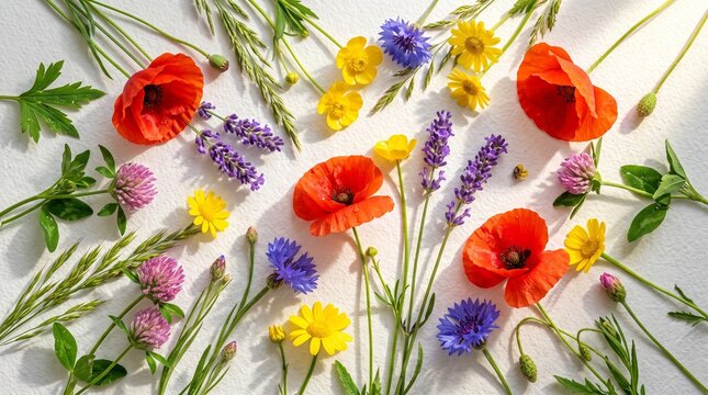 bright wildflowers and poppies scattered around watercolor paper sheet