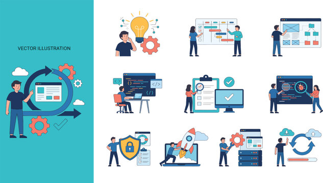 Software development life cycle vector illustration set from idea and planning to deployment and maintenance