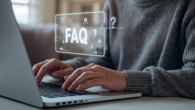 FAQ, Frequently Asked Questions Support Concept. Person using laptop with icon related to search, information, chat, customer service, support represent online help, user assistance, helpdesk, Q and A