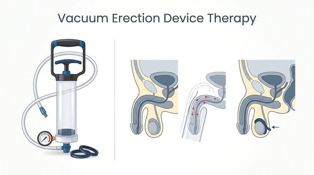 Vacuum erection device therapy with medical anatomy diagram showing penile blood flow mechanics