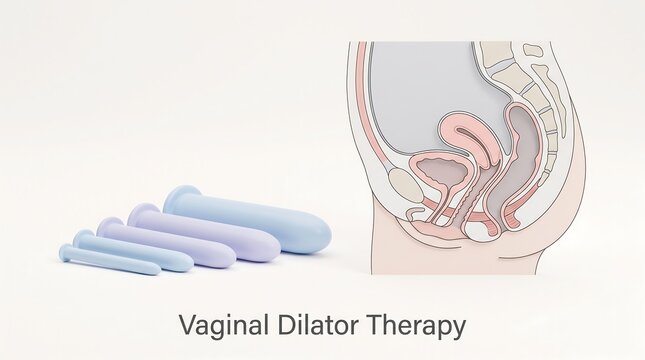 Vaginal dilator therapy set with anatomical cross section of female pelvic region for health treatment