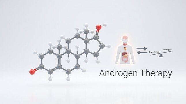 Androgen therapy hormone balance diagram with molecular structure and human endocrine system