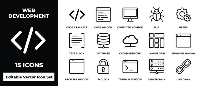 Web development line icons set with code brackets and computer monitor representing programming and digital services