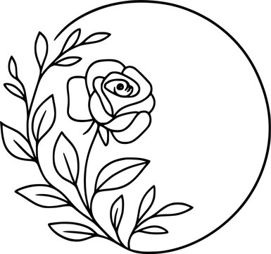 A single rose with delicate petals and lush green leaves stands gracefully against a black background, framed by a subtle circular border