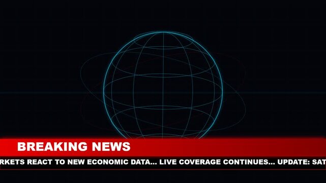 Abstract global broadcast television backdrop featuring wireframe world map and red lower third graphic element film overlay