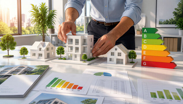 Architecte ou promoteur immobilier analysant l'efficacit&eacute; &eacute;nerg&eacute;tique de maquettes de b&acirc;timents et de maisons, r&eacute;novation &eacute;nerg&eacute;tique d'un quartier avec &eacute;tiquettes &eacute;nerg&eacute;tiques de A &agrave; G