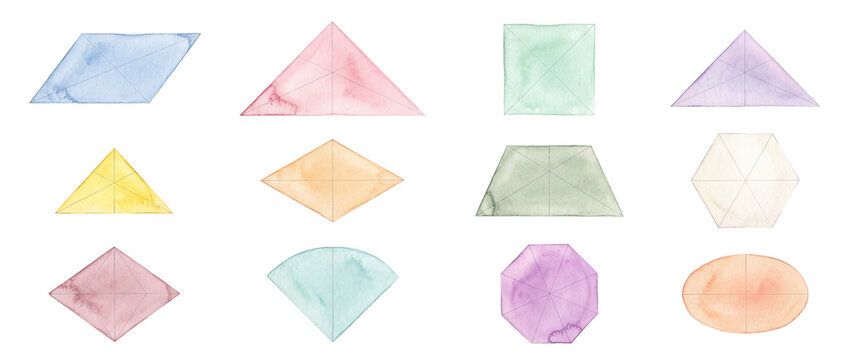 Watercolor geometric shapes set collection featuring colorful pastel triangle square rhombus polygon and oval design elements for educational math lesson graphic design and artistic clipart assets.