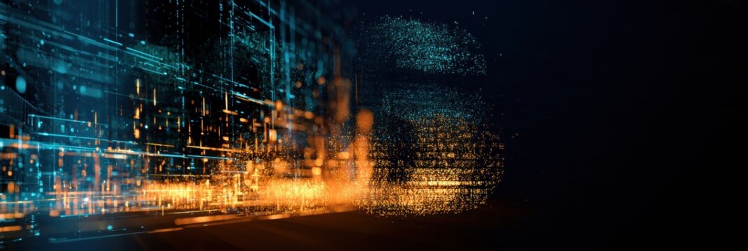 Number 2026 displays as a visualization made of bright data particles against a dark navy background. Electric teal and amber colors flow.