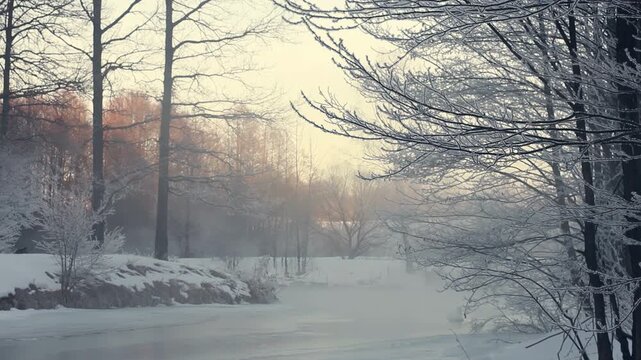 Frozen river mist winter forest. Camera pan snowy riverbank frosty bare trees.