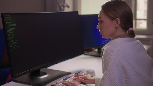 Female coder working. Female developer studying terminal output late at night. Dedicated woman engaged in remote software development and troubleshooting during nighttime hours