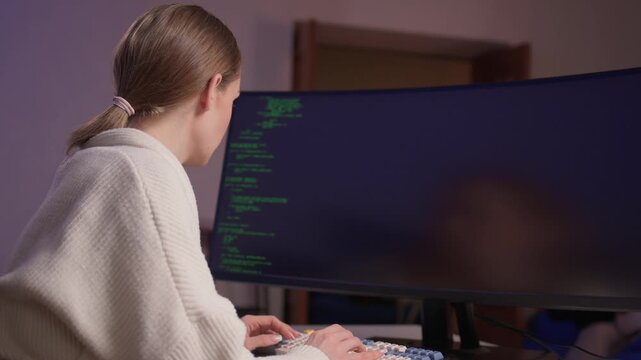 Programmer focusing intensely. Woman concentrates on programming in softly lit workspace. Female coder meticulously types on mechanical keyboard in calm home environment
