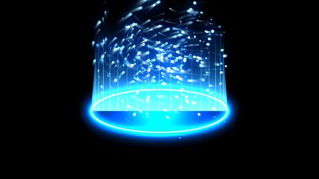 Glowing blue circular portal with floating particles on black background