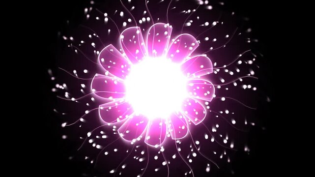 Abstract glowing pink flower shape with light particles on black background