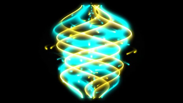 Abstract glowing neon spiral light waves with particles on black