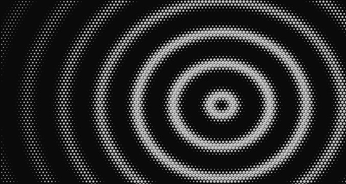 Abstract background, with concentric circles, of white halftone, dots on a, black surface creating, a hypnotic radial, pattern for digital media