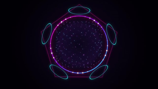 Abstract neon pentagon frame with glowing particles and circular rings