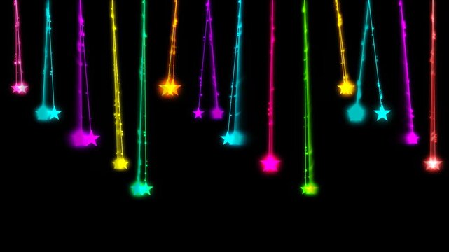 Colorful neon glowing stars hanging on strings against black background