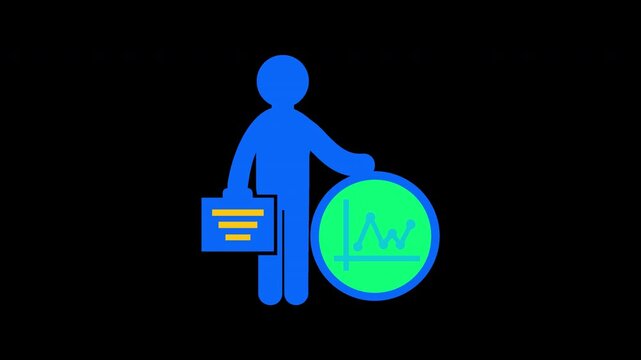 Minimalist blue icon of a businessman holding a briefcase and showing a rising growth chart