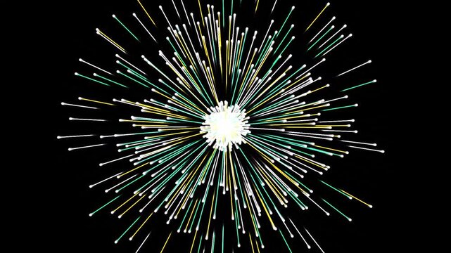 Abstract firework explosion with orange green and white light rays