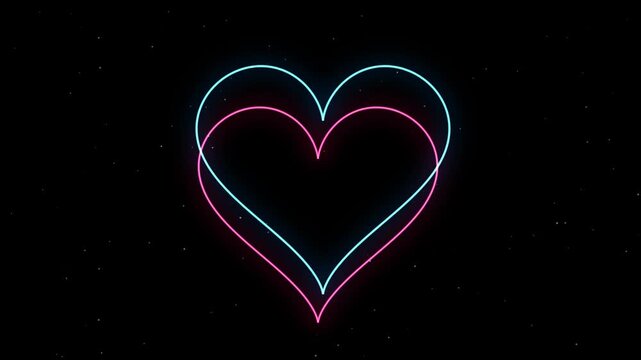 Two glowing neon hearts intertwined on a dark starry background