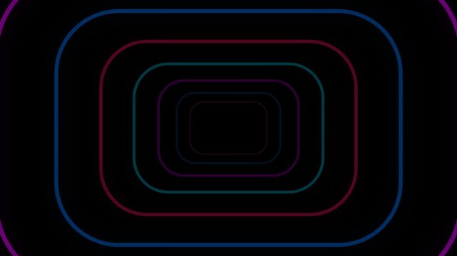 Abstract tunnel of neon glowing rounded rectangular frames