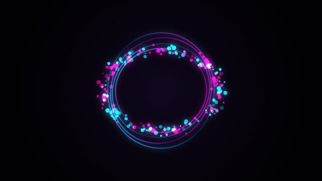 Abstract neon glowing circle frame with particles