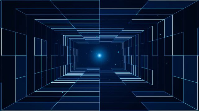 Abstract digital tunnel with glowing blue light and grid lines