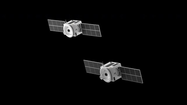 Two artificial satellites move in opposite directions, take up a position, and return. 3D render with alpha channel