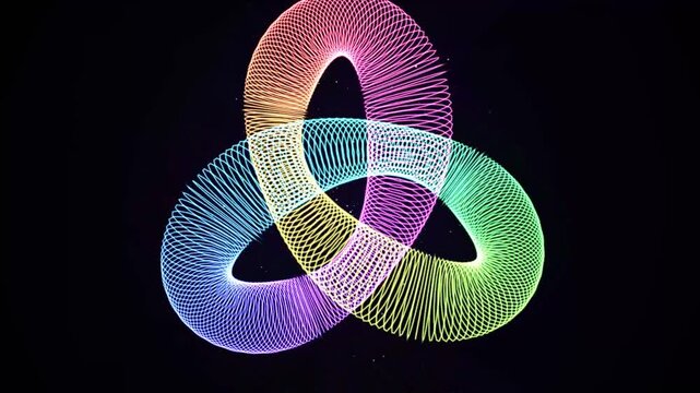 Abstract neon glowing torus knot shape on black background