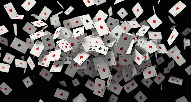 Many playing cards flying and scattering in the air isolated against a solid black background