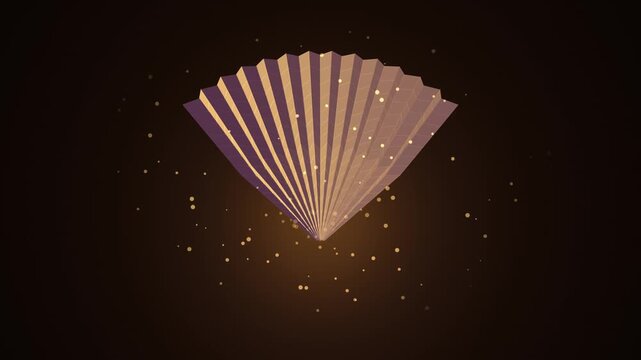 Abstract 3d paper fan shape with golden particles on dark background