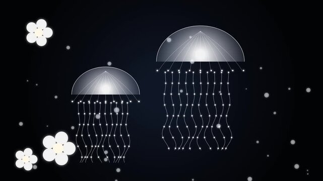 Abstract glowing jellyfish and flowers in deep dark ocean