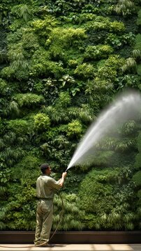 A man waters a lush vertical garden wall indoors, surrounded by vibrant green foliage and natural light. Urban gardening and eco friendly design concepts are beautifully showcased here
