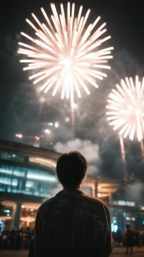 A person watching a vibrant fireworks display lighting up the night sky. The scene captures the excitement and celebration of a festive event outdoors