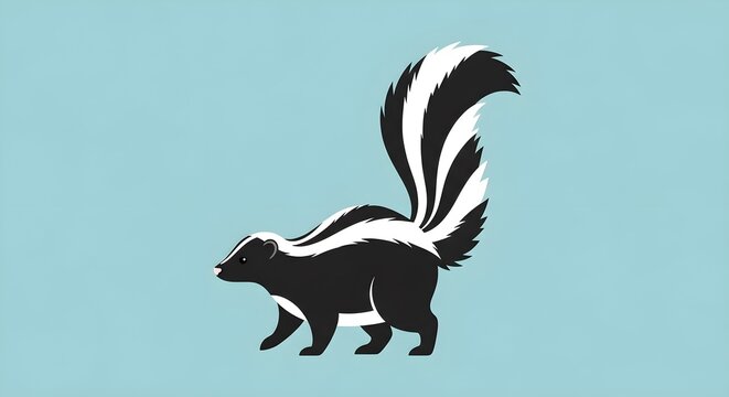 Sketch-style skunk silhouette walking on minimalist light blue background - modern flat design vector